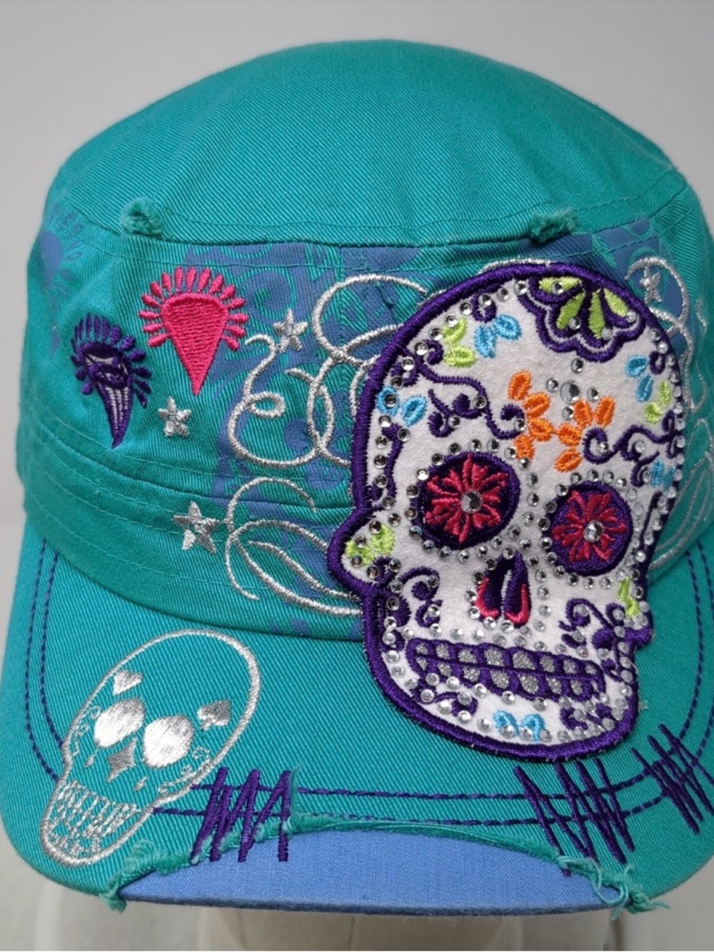 Teal Embroidered Sugar Skull Cap